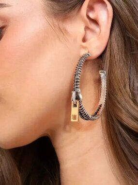 NEW Punk Avant Garde Silver and Gold Zipper Hoop Statement Earrings